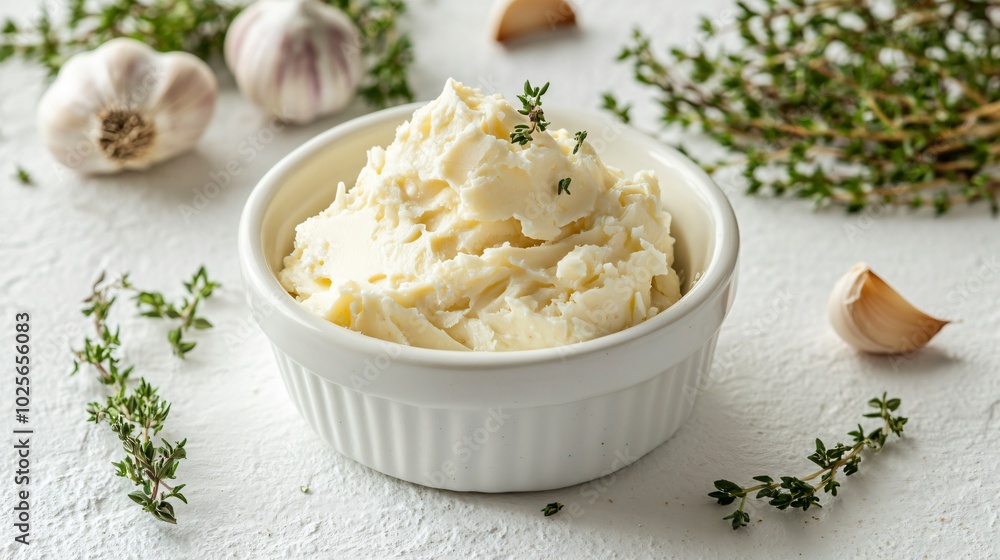A dollop of cowboy butter in a porcelain dish, isolated on a textured white background with decorative herbs and garlic cloves A dollop of cowboy butter in a porcelain dish, isolated on a textured white background with decorative herbs and garlic cloves