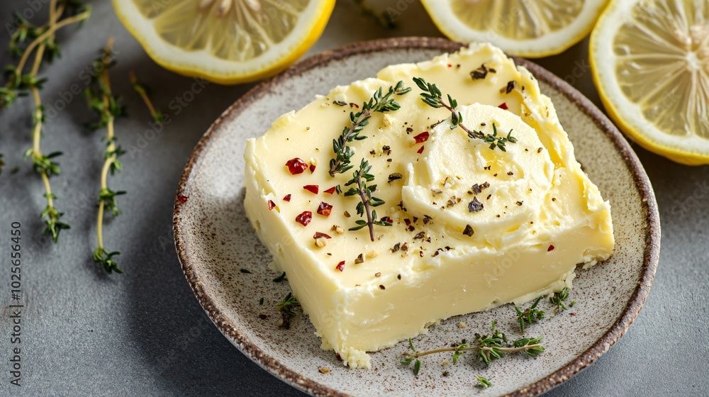 A rustic serving of cowboy butter with thyme and chili flakes, isolated on a matte gray background with decorative lemon slices A rustic serving of cowboy butter with thyme and chili flakes, isolated on a matte gray background with decorative lemon slices