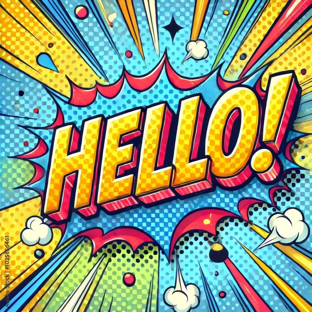 Fototapeta premium A bold and energetic comic-style illustration featuring the word 'Hello!' in large, colorful text, bursting out with dynamic lines and patterns
