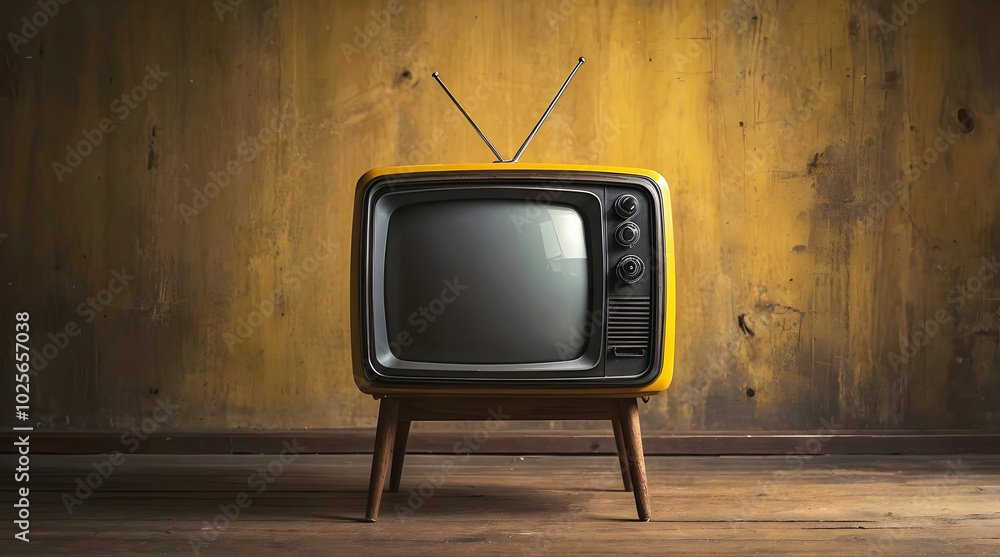 Old vintage tv with blank screen on wooden table isolated on yellow background, template with copy space area, retro, television, antique