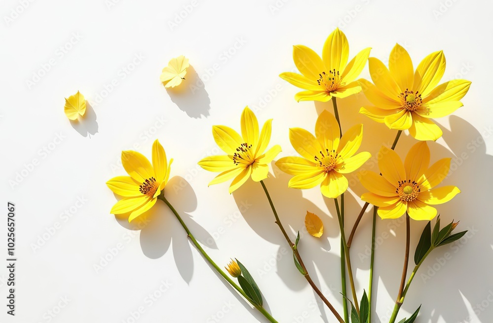Fototapeta premium Floral autumn still life with yellow flowers on white background, Autumnal flowery pattern, beautiful shadow from sunlight. Scenery beauty Nature design, minimal style aesthetic flat lay view