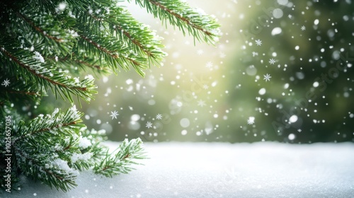 The Snowy Green Pine Branch