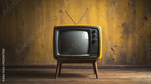 Obraz na płótnie Old vintage tv with blank screen on wooden table isolated on yellow background, template with copy space area, retro, television, antique w salonie