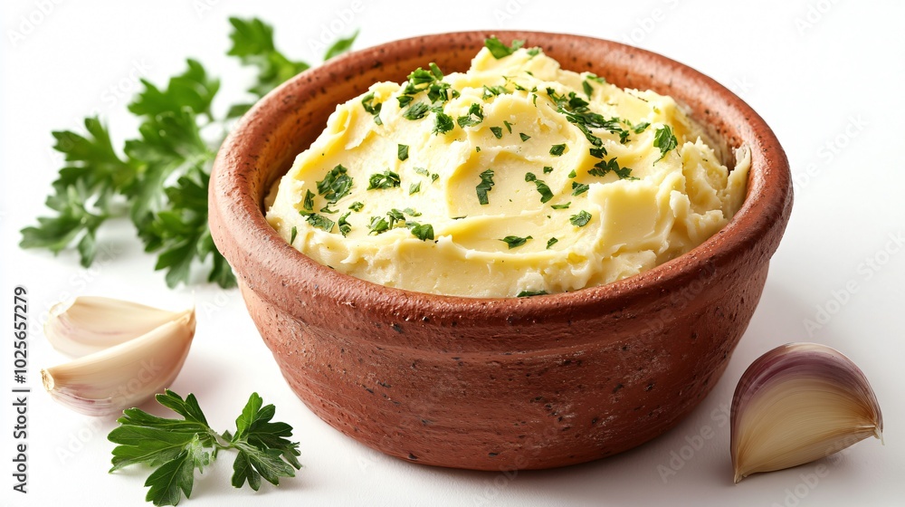 Cowboy butter in a rustic clay dish, isolated on a crisp white background with decorative sprigs of parsley and garlic cloves Cowboy butter in a rustic clay dish, isolated on a crisp white background with decorative sprigs of parsley and garlic cloves
