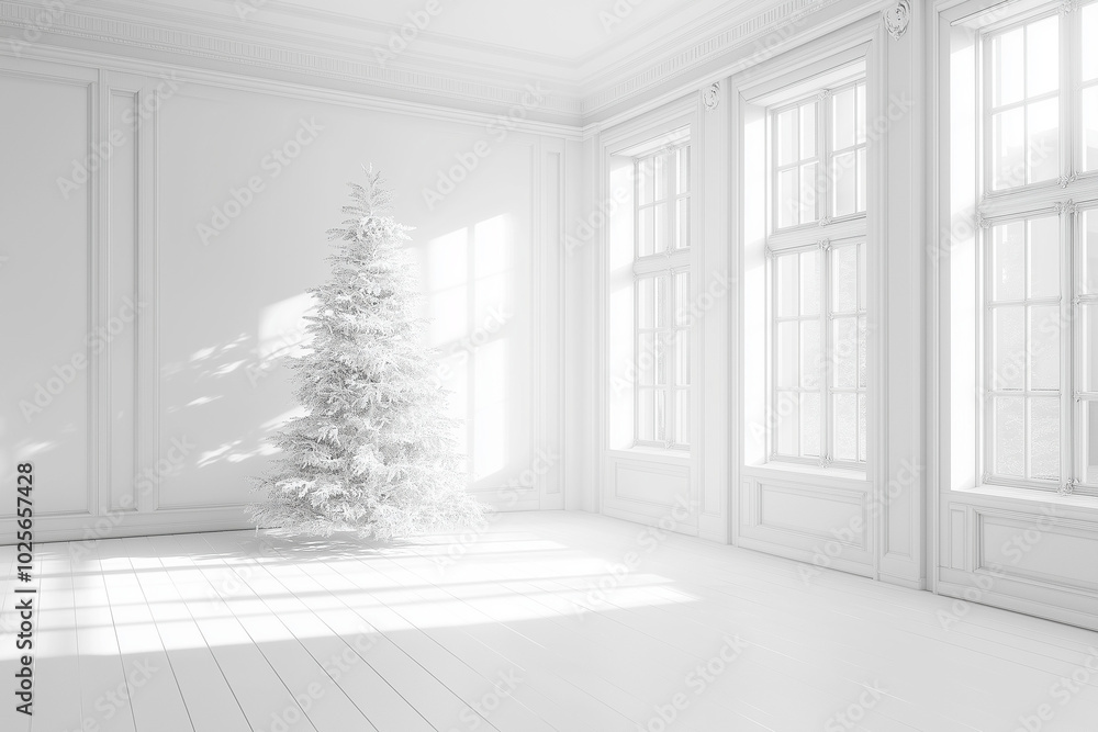 Modern Christmas Tree in a White Room with Cozy Holiday Decor 3D Render for Festive Home Interiors Modern Christmas Tree in a White Room with Cozy Holiday Decor 3D Render for Festive Home Interiors