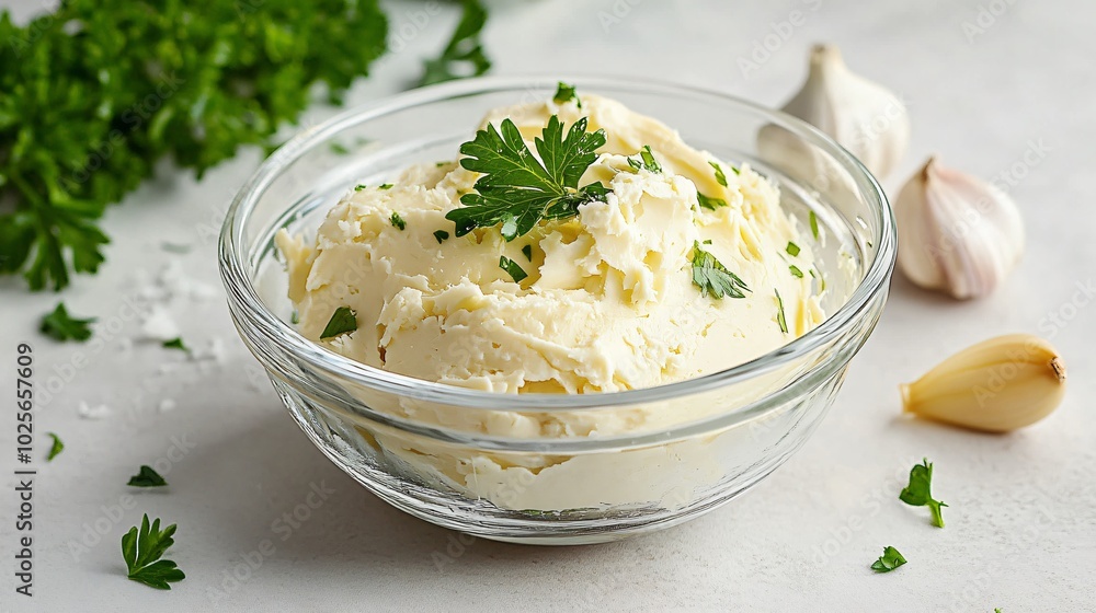 Cowboy butter in a small glass bowl, isolated on a light gray background with sprigs of parsley and crushed garlic cloves Cowboy butter in a small glass bowl, isolated on a light gray background with sprigs of parsley and crushed garlic cloves