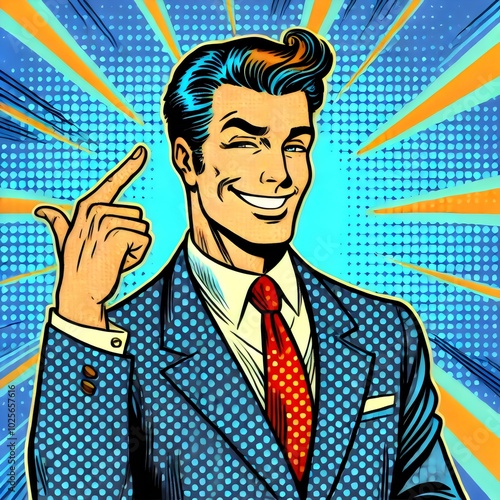 A dynamic comic-style illustration of a sharp-dressed businessman, smiling confidently while pointing upward with a clever gesture