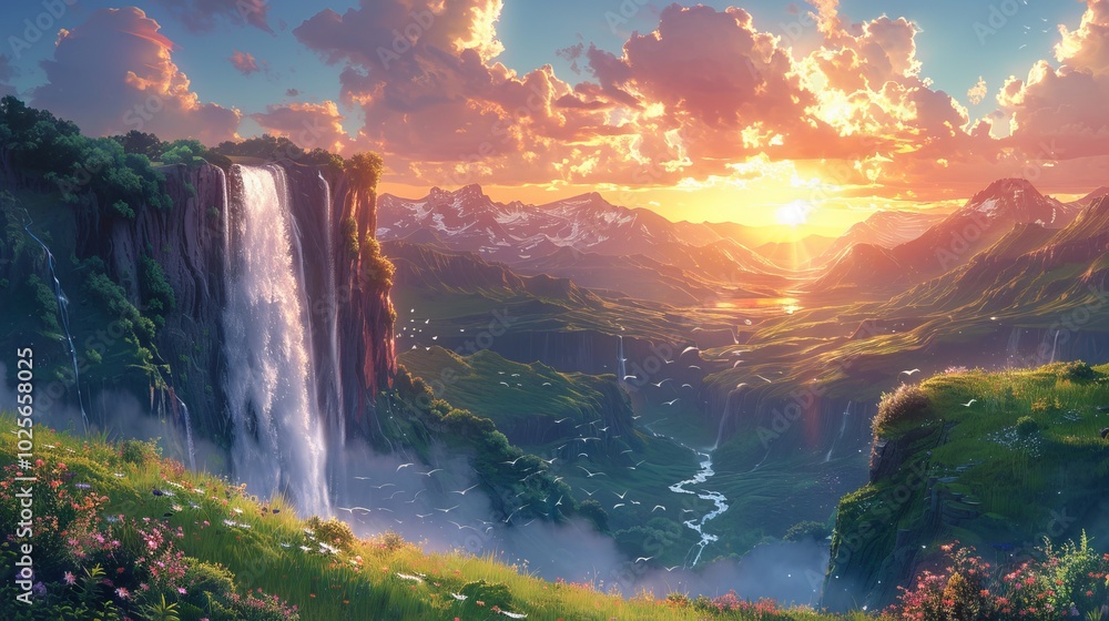 Peaceful Waterfall with Rainbow in Nature Peaceful Waterfall with Rainbow in Nature