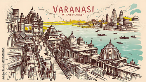 Varanasi Landscape Sketch: An Intricate Exploration of Hinduism Culture, Temples, Hindu Architecture, and the Spiritual Presence of Hindu Monks