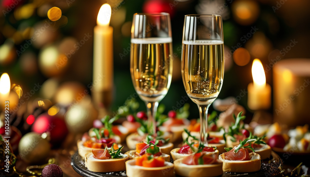 Holiday Dinner with Champagne and Christmas Canapés. Festive Table with Champagne and Holiday Snacks. Holiday Celebration with Champagne and Christmas Snacks Holiday Dinner with Champagne and Christmas Canapés. Festive Table with Champagne and Holiday Snacks. Holiday Celebration with Champagne and Christmas Snacks