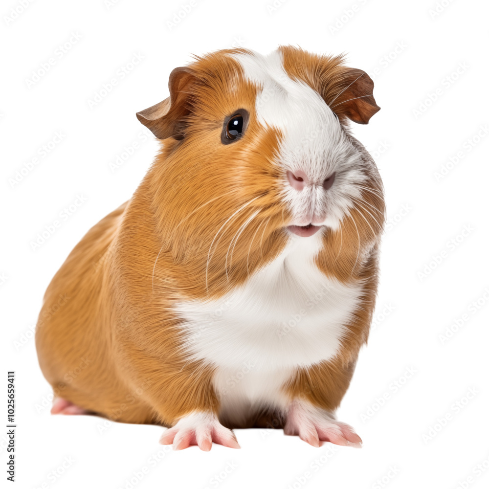 Cute guinea pig resting calmly on white background during indoor setting Cute guinea pig resting calmly on white background during indoor setting
