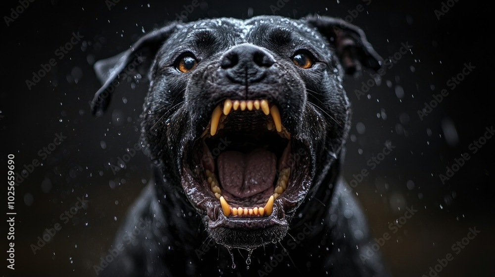 A black dog with its mouth open and teeth bared A black dog with its mouth open and teeth bared