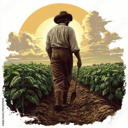 May Day Laborer Carrying Hoe to Work in Farmland - Vector Illustration photo