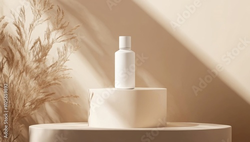 white cosmetic bottle mockup placed on podium against soft beige wall with dried flowers 