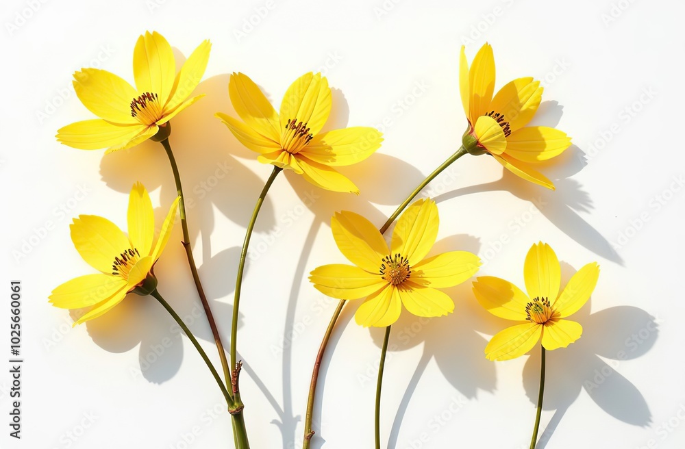 Fototapeta premium Floral autumn still life with yellow flowers on white background, Autumnal flowery pattern, beautiful shadow from sunlight. Scenery beauty Nature design, minimal style aesthetic flat lay view