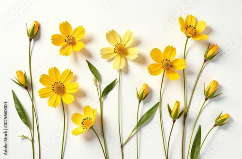 Floral autumn still life with yellow flowers on white background, Autumnal flowery pattern, beautiful shadow from sunlight. Scenery beauty Nature design, minimal style aesthetic flat lay view