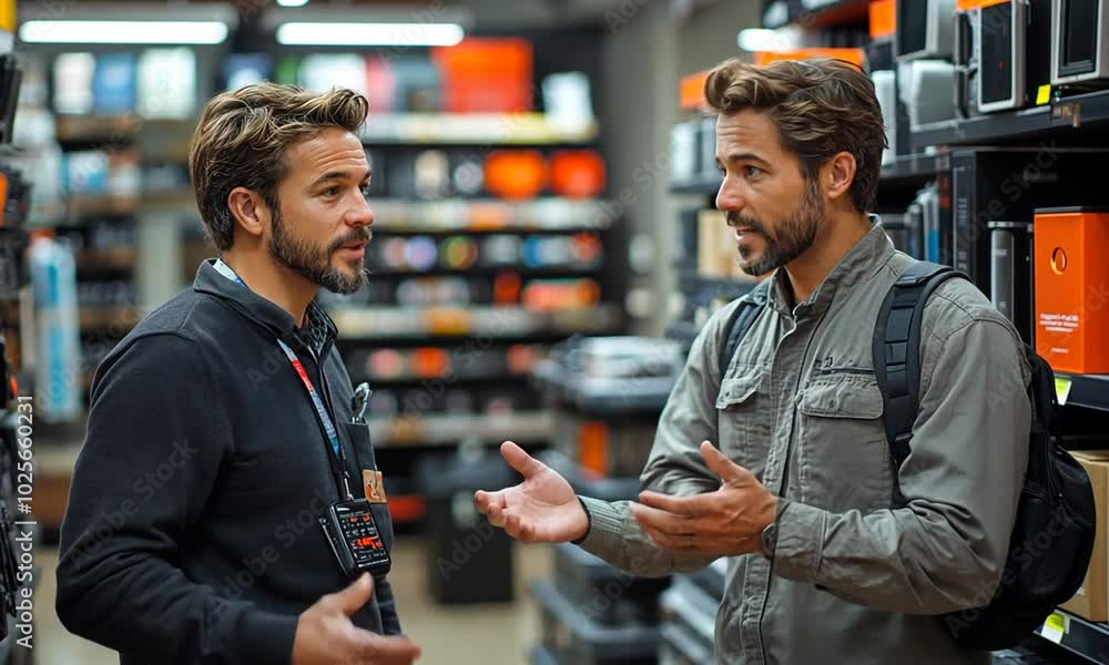 Two men engaged in conversation in a retail environment. Two men engaged in conversation in a retail environment.