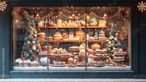 Blank mockup of a bakery window display in 3D, decorated with festive treats and ornaments.