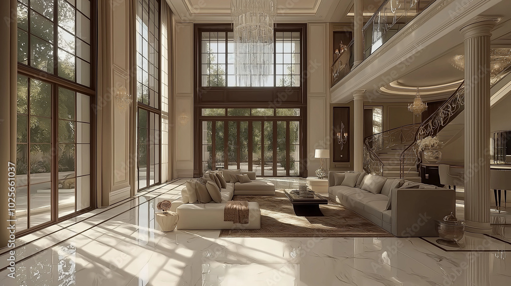 interior design of large living room with double height, grand staircase and chandelier, luxury furniture, cream color marble floor interior design of large living room with double height, grand staircase and chandelier, luxury furniture, cream color marble floor