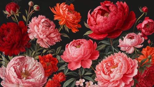  floral illustration featuring a variety of large, blooming flowers against a dark background.