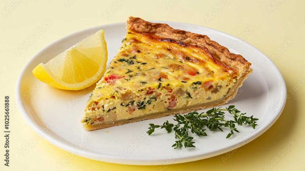 A slice of Coronation quiche served on a white plate, isolated on a pastel yellow background with lemon wedges and herbs A slice of Coronation quiche served on a white plate, isolated on a pastel yellow background with lemon wedges and herbs