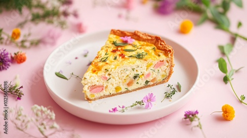 A slice of Coronation quiche served on a white plate, isolated on a pastel pink background with edible flowers and herbs