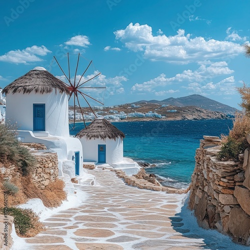 Fototapeta Naklejka Na Ścianę i Meble -  Iconic Windmills of Mykonos, Greece on a Clear Summer Day