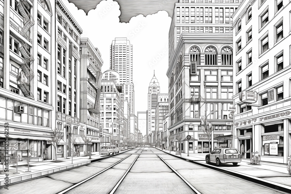 Naklejka premium black and white clean coloring page for adults, street shot of downtown