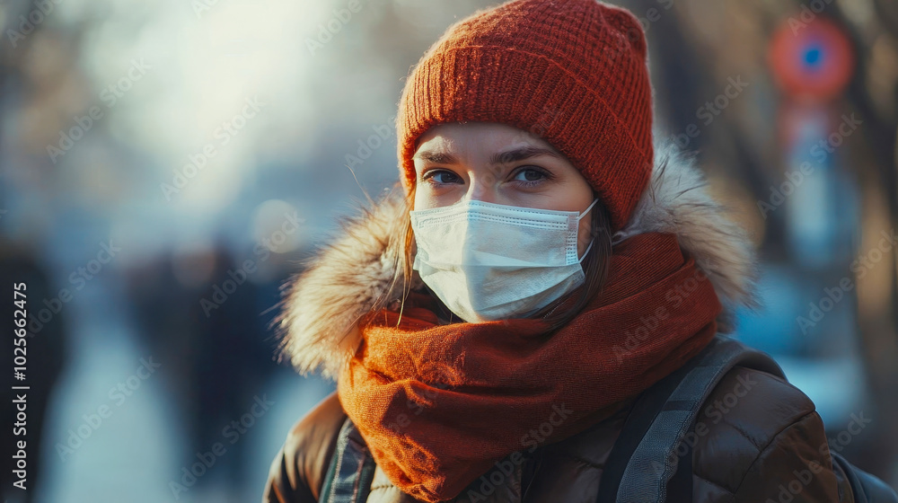 Young woman is wearing a protective face mask while standing on a busy city street Young woman is wearing a protective face mask while standing on a busy city street