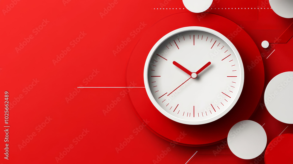 Modern clock face is telling time on a red background with abstract design elements Modern clock face is telling time on a red background with abstract design elements
