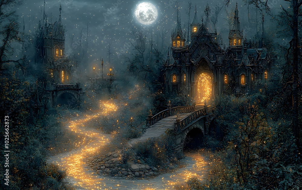 Obraz premium Enchanting moonlit night with glowing castle and firefly-filled pathway