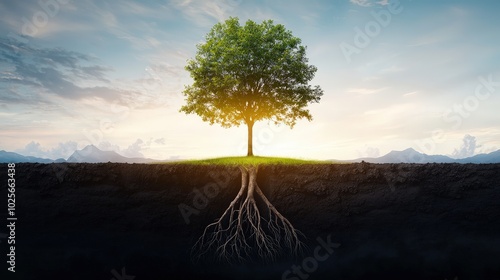 A tree with roots that reach deep into the earth, symbolizing a solid foundation for growth.