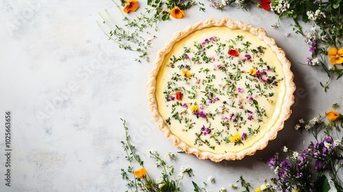 Coronation quiche with buttery pastry crust, isolated on a soft gray background with decorative herbs and edible flowers