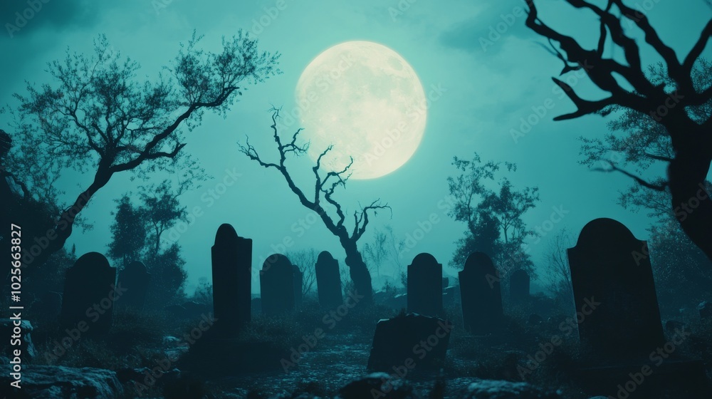 An empty scene featuring a silhouette of a creepy graveyard with crooked tombstones and gnarled trees under a luminous full moon, An empty scene featuring a silhouette of a creepy graveyard with crooked tombstones and gnarled trees under a luminous full moon,