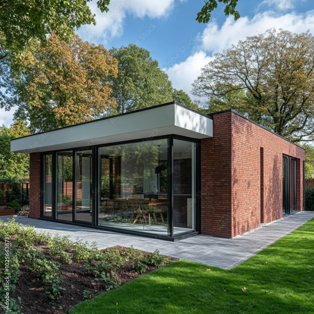 fully glazed facade single storey bungalow in garden brick with window، front view fully glazed facade single storey bungalow in garden brick with window، front view