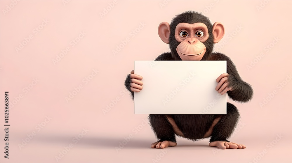 Cheerful 3D Cartoon Monkey Holding Blank Rectangular Box on Soft Background Cheerful 3D Cartoon Monkey Holding Blank Rectangular Box on Soft Background
