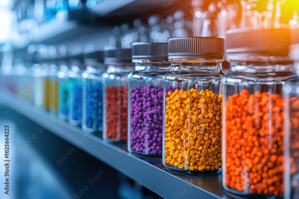 Colorful jars filled with vibrant granules, arranged on a shelf in a bright space. Colorful jars filled with vibrant granules, arranged on a shelf in a bright space.