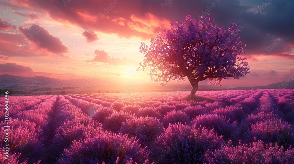 Stunning Summer Sunset Over Lavender Field With Lone Tree Stunning Summer Sunset Over Lavender Field With Lone Tree