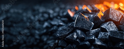 Close-up of black coal pieces with orange flames in the background. photo