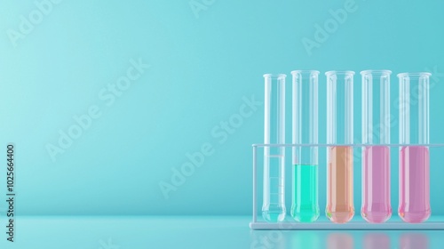 Colorful test tubes filled with liquids on a blue background.