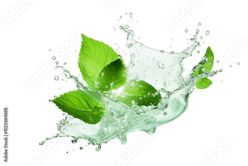 Fresh mint leaves create an energetic splash in clear water with a clean background