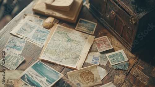 A detailed shot of rare international stamps from different countries and eras, arranged aesthetically on a rustic wooden table, with a backdrop of antique postcards.