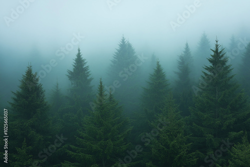 Wallpaper Mural Misty foggy mountain landscape with fir forest in vintage retro hipster style Torontodigital.ca