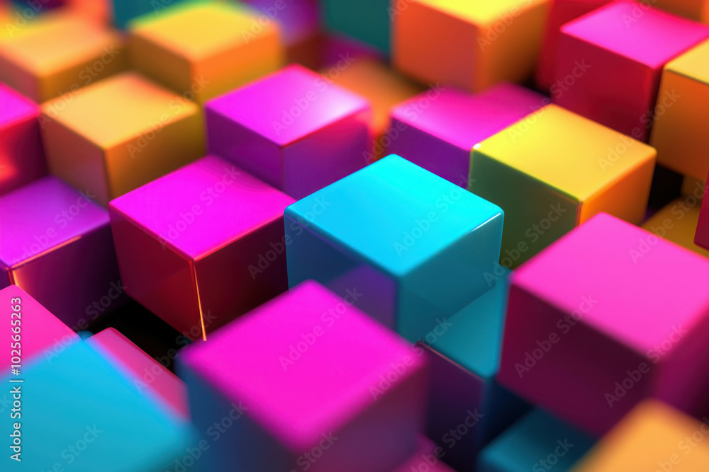 Obraz premium Colorful Cubes Abstract: A vibrant and abstract composition featuring a multitude of colorful cubes, their glossy surfaces reflecting light and creating a mesmerizing visual experience. 