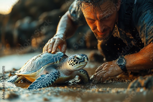 Connection Between Man and Nature at Seaside with Turtle photo