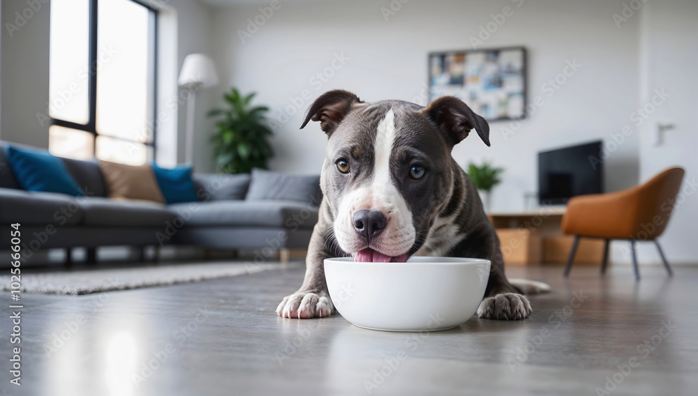 Cute little Pitt Bull puppy dog eating form blank white bowl mock up in modern living room background, pets and animals