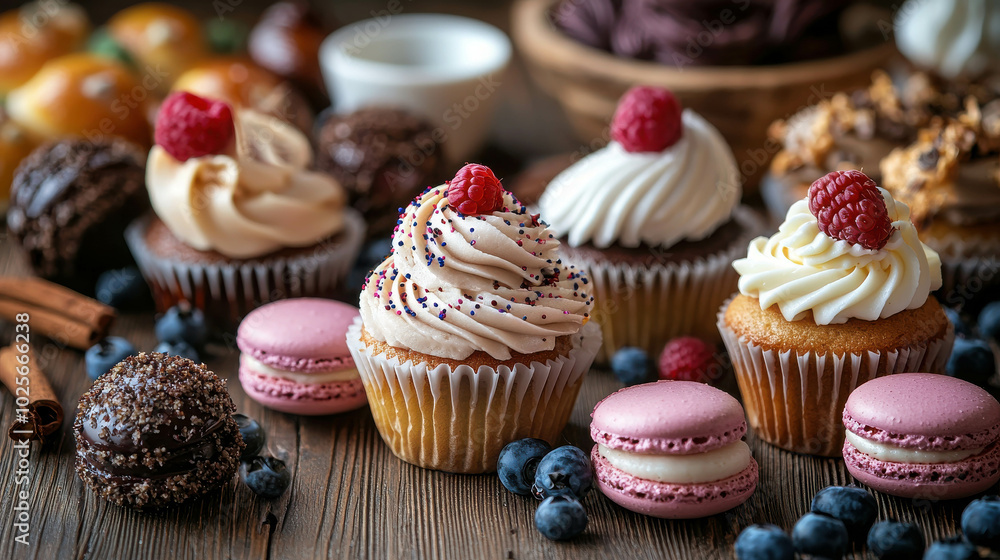 Sweet Delights: A tempting array of cupcakes and macarons adorned with fresh raspberries and blueberries, invitingly arranged on a rustic wooden surface. Sweet Delights: A tempting array of cupcakes and macarons adorned with fresh raspberries and blueberries, invitingly arranged on a rustic wooden surface.