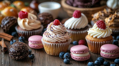 Sweet Delights: A tempting array of cupcakes and macarons adorned with fresh raspberries and blueberries, invitingly arranged on a rustic wooden surface.