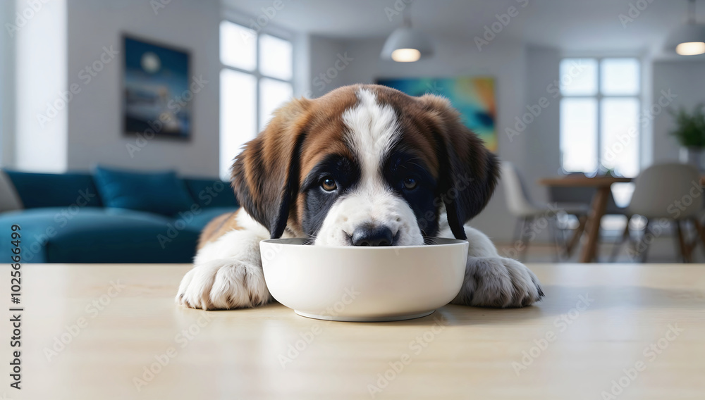 Cute little St. Bernard puppy dog eating form blank white bowl mock up in modern living room background, pets and animals