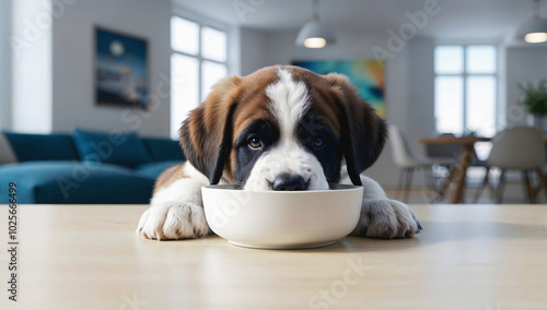 Obraz na płótnie Cute little St. Bernard puppy dog eating form blank white bowl mock up in modern living room background, pets and animals w salonie